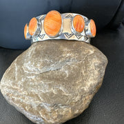 Orange Spiny Oyster 5 Stone Row Navajo Cuff Bracelet 7.7" | Sterling Silver | Authentic Native American Handmade | 19475