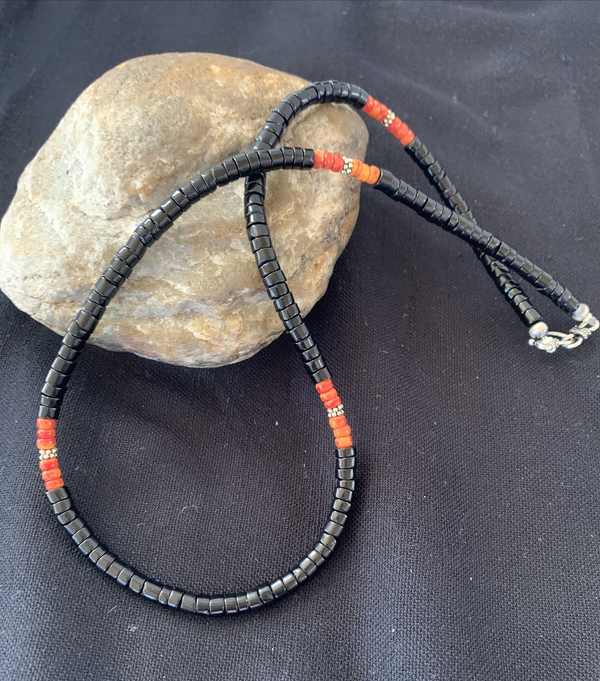 Men's Spiny Oyster Black Onyx Heishi Navajo Pearls Necklace | Sterling Silver | Authentic Native American Handmade | 01391