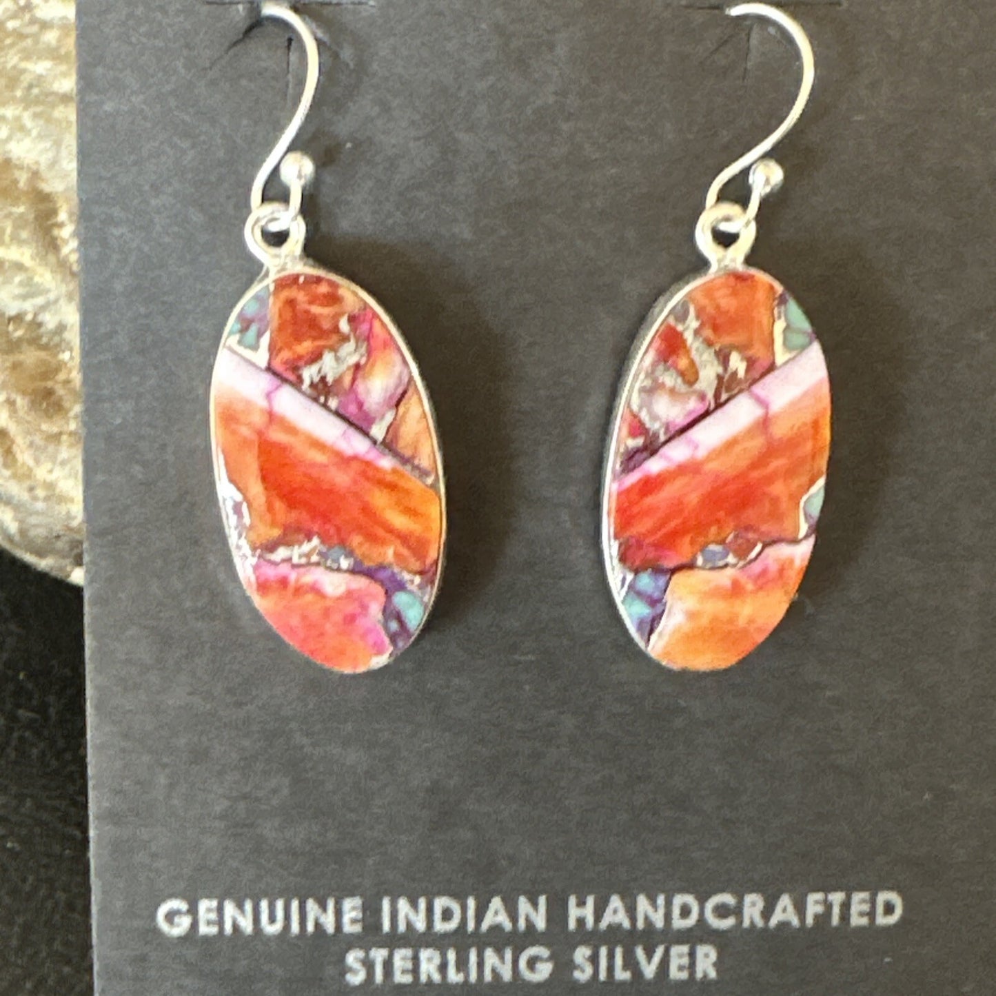 Blue Turquoise Red Spiny Oyster Inlay Sterling Silver Dangle Earrings 15558