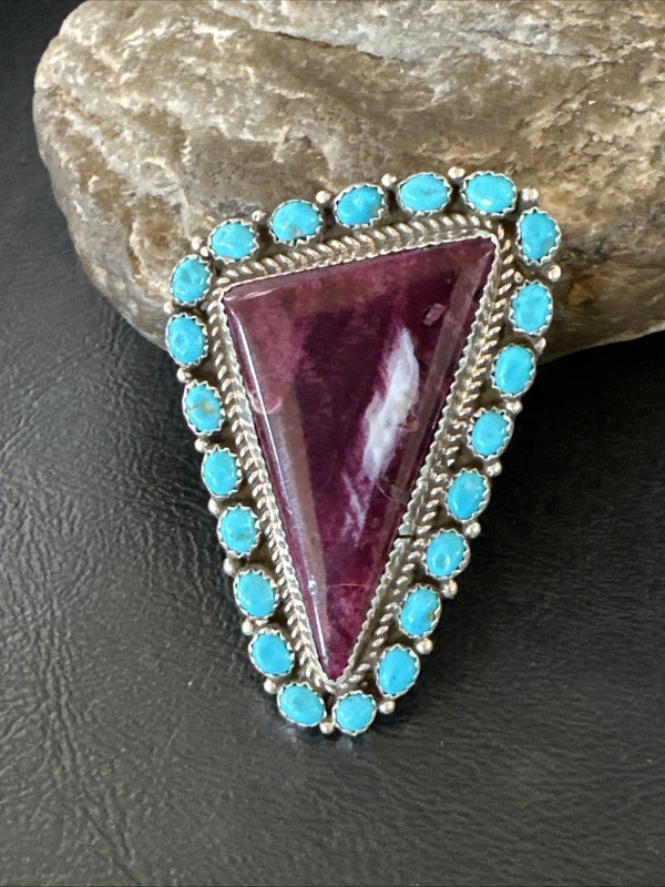 Statement Cluster Turquoise Purple Spiny Navajo Ring Sz 10 | Sterling Silver | Authentic Native American Handmade | 19103
