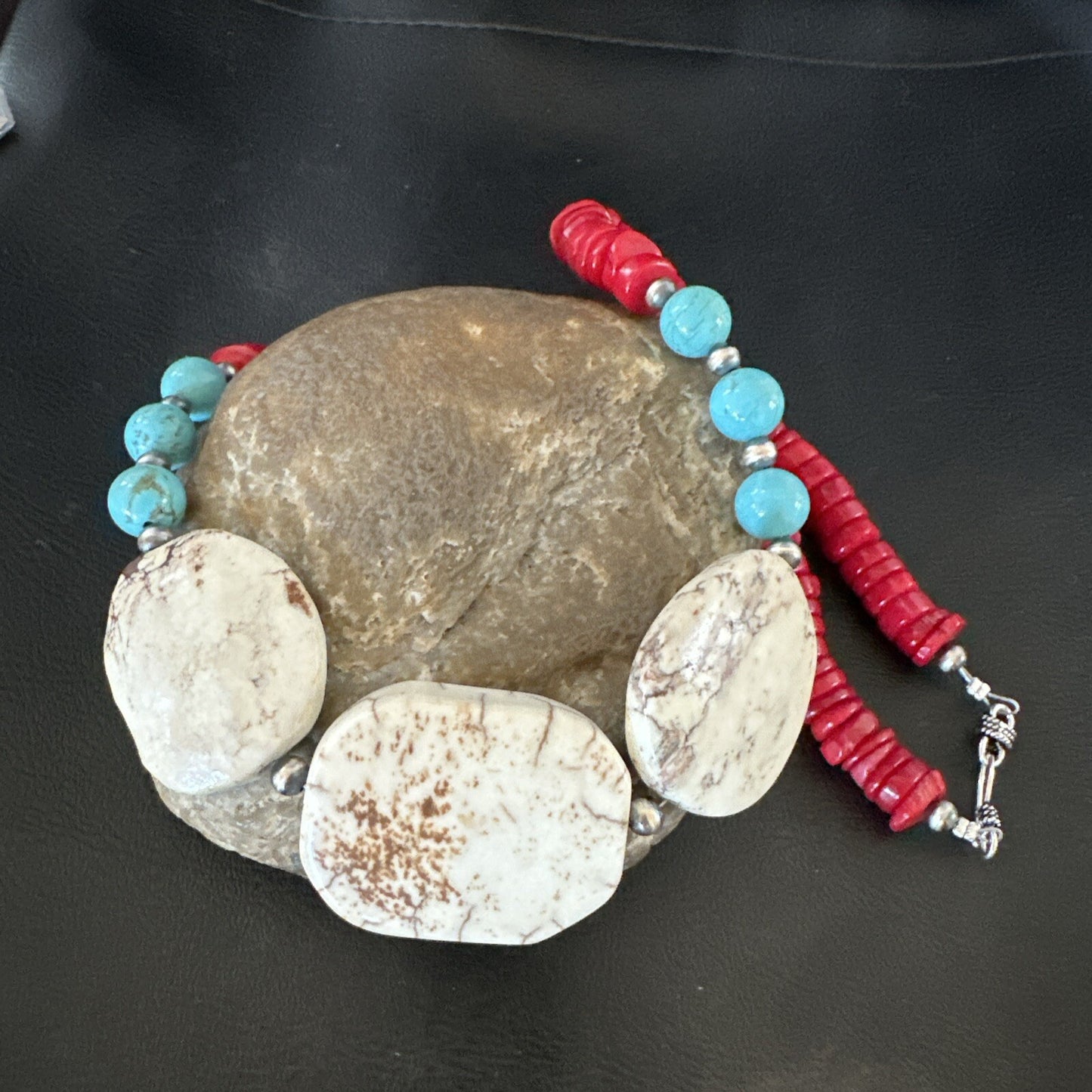 Mens Wild Horse Blue Turquoise Red Coral Navajo Sterling Silver Necklace 17981