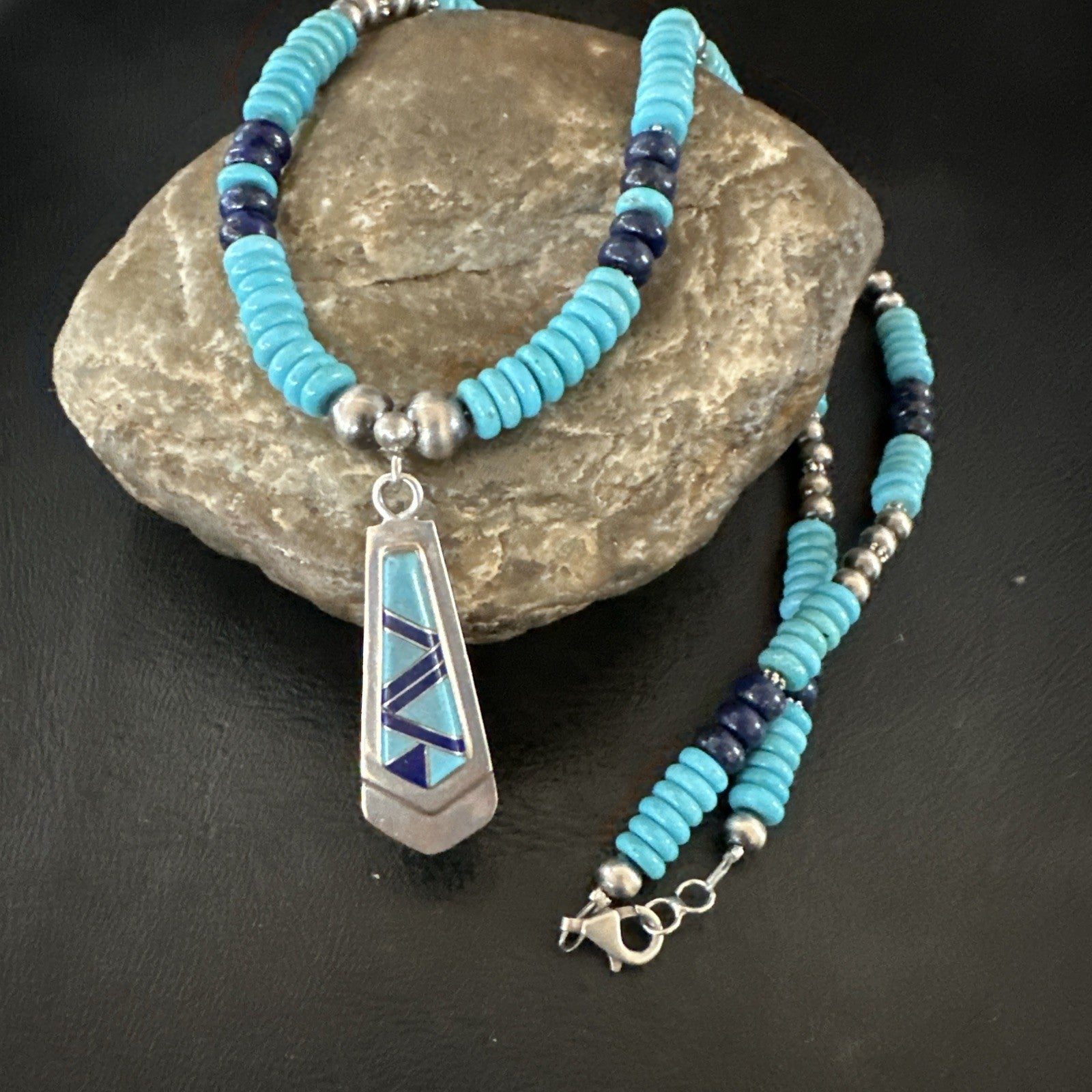 Blue Lapis Turquoise Inlay Pendant Navajo Sterling Silver Necklace 20" 19657