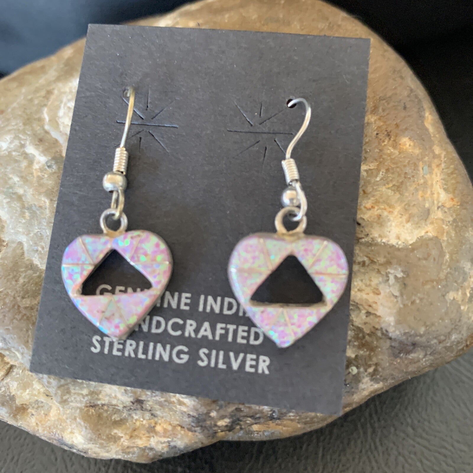 Womens Pink Opal Heart Inlay Navajo Sterling Silver Dangle Drop Earrings 12763