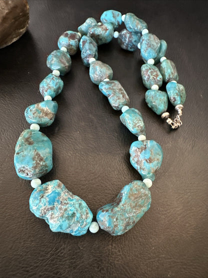 Blue Turquoise Chunky Nugget Navajo Sterling Silver Necklace 22” 18303