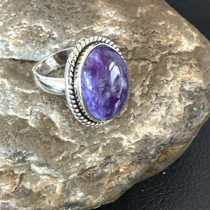 Womens Purple Charoite Navajo Sterling Silver Oval Ring Adjustable Size 9 17245