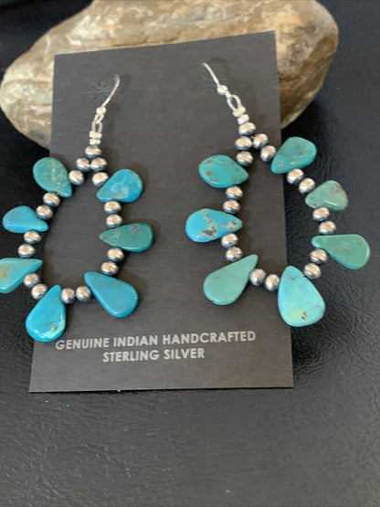 Blue Turquoise Bead Sterling Silver Beads Cluster Earrings 2" 13372N