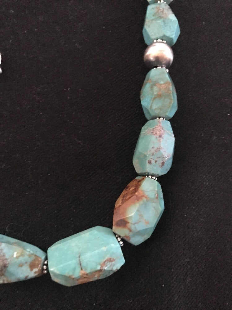 Turquoise Chunky Bead Faceted Navajo Sterling Silver Beads Necklace 03367