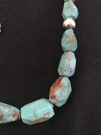 Turquoise Chunky Bead Faceted Navajo Sterling Silver Beads Necklace 03367