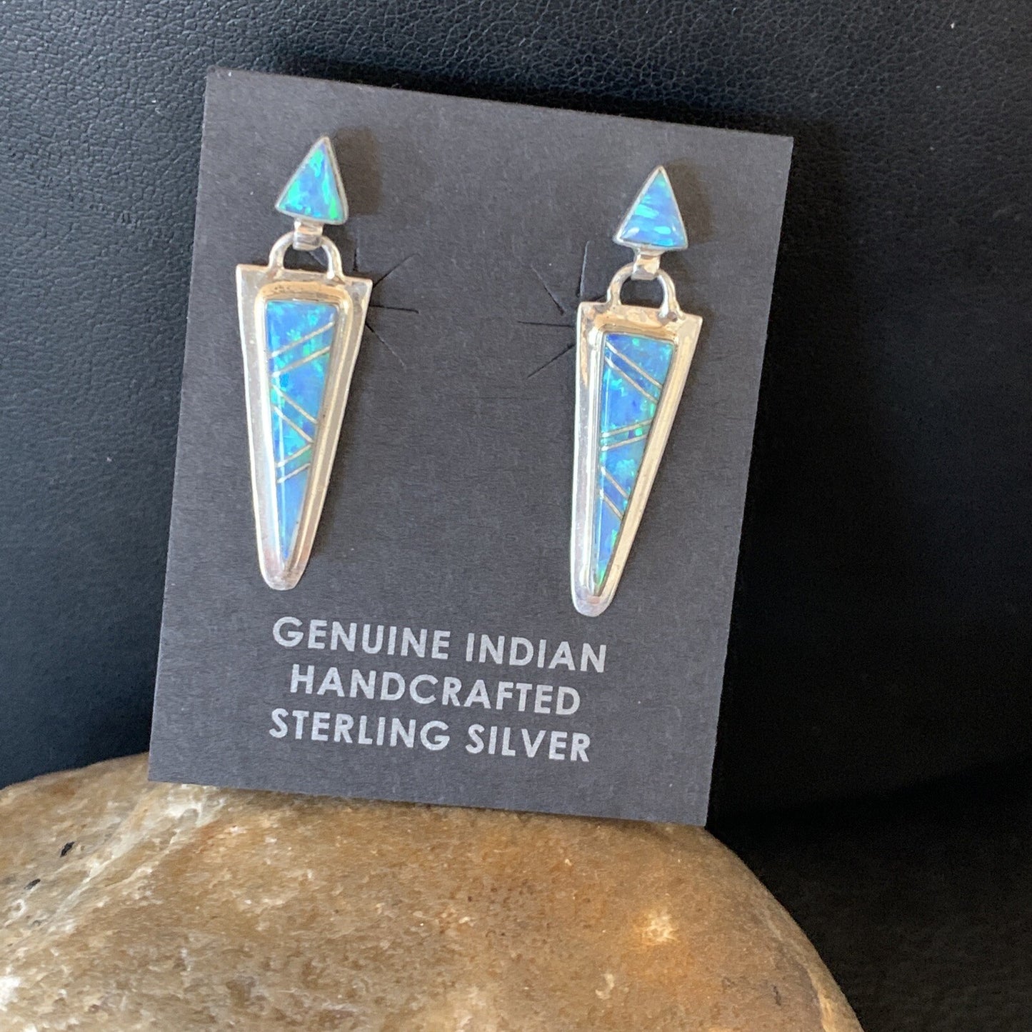 Native Womens Blue Opal Inlay Navajo Sterling Silver Dangle Earrings 12777
