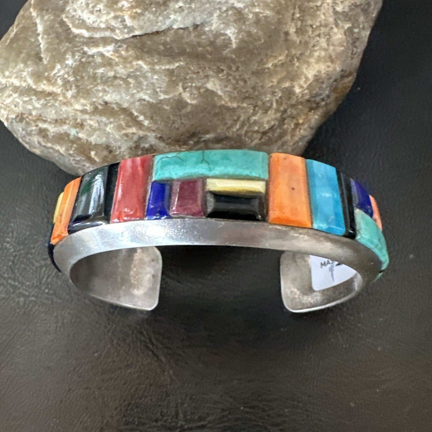 Mens Navajo Black Onyx Coral Turquoise Sterling Silver Cuff Bracelet Inlay 19501