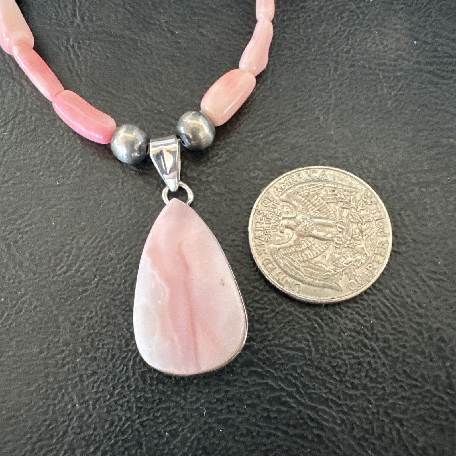 Southwestern Sterling Silver Pink Coral Bead Necklace Quartz Pendant 24" 19590