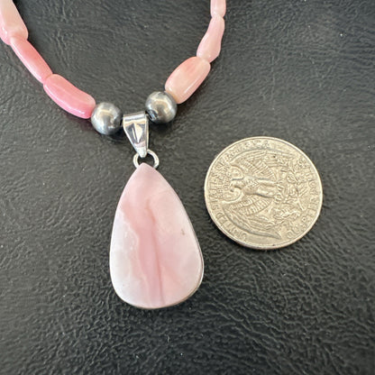 Southwestern Sterling Silver Pink Coral Bead Necklace Quartz Pendant 24" 19590