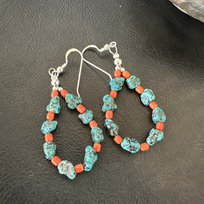 Blue Kingman Nugget Turquoise Coral Navajo Sterling Silver Earrings 2” 18836