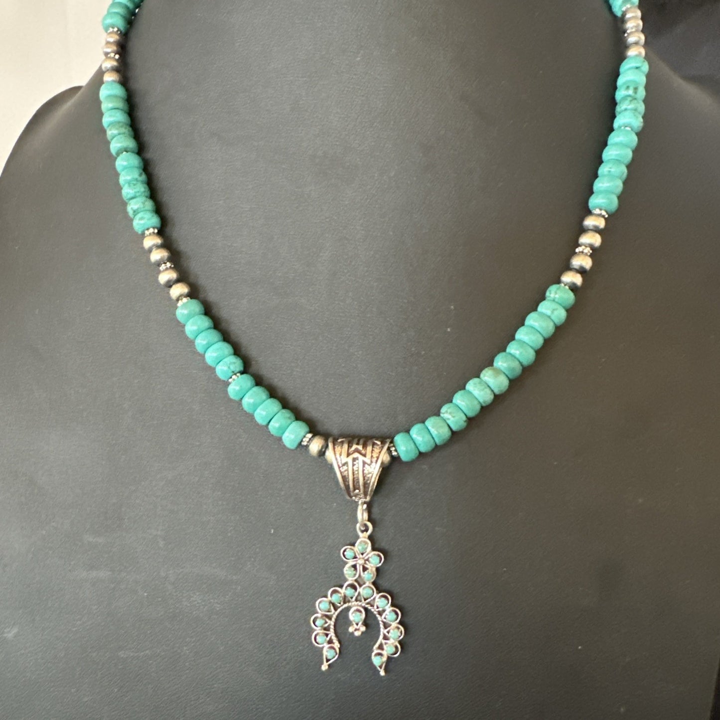 Naja Blue Turquoise Cluster Zuni Pendant Sterling Silver Necklace 20" 19716
