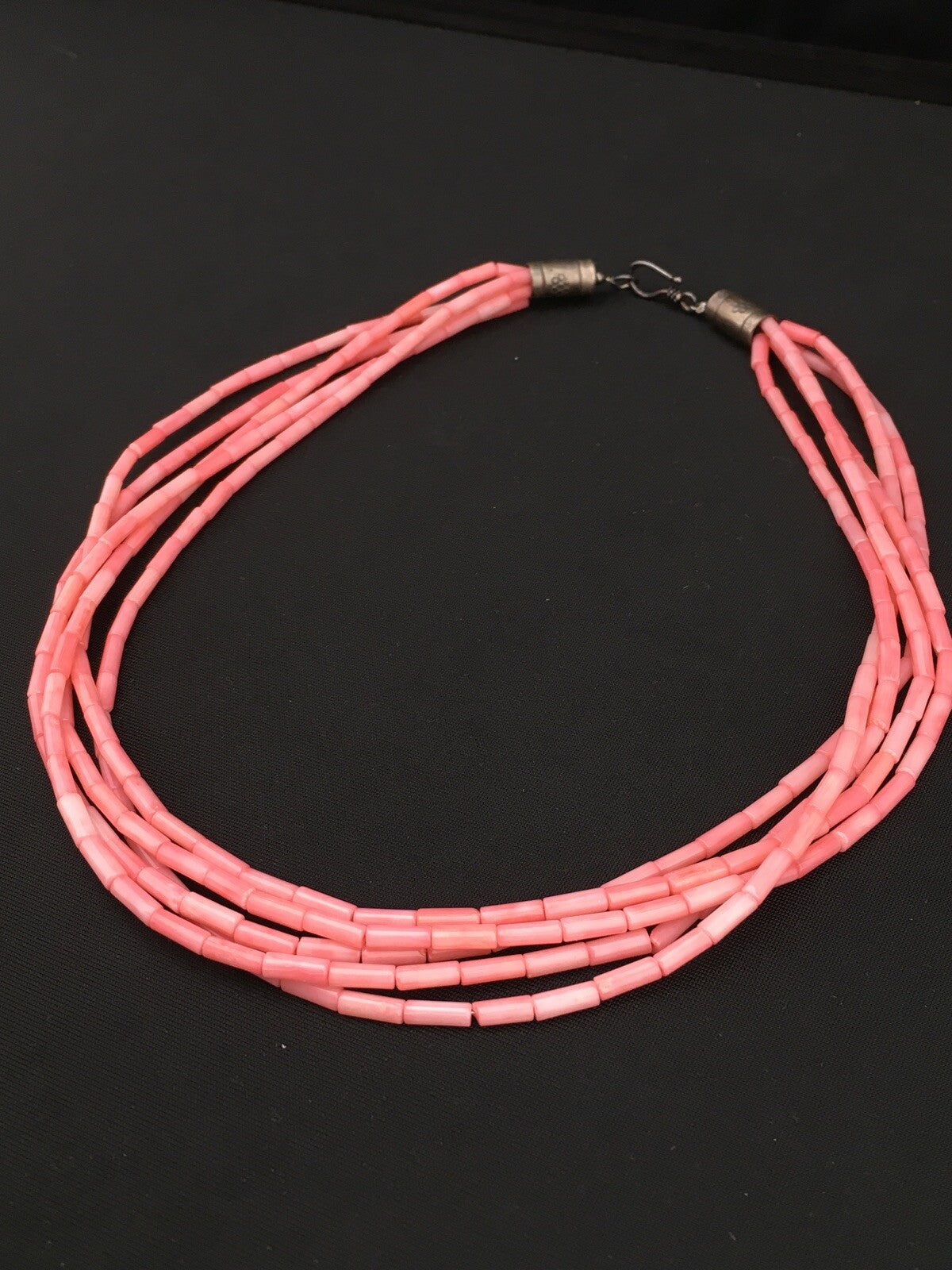 Pink Coral Tube Heishi Bead 5 Strand Navajo Sterling Silver Necklace 19" 1102