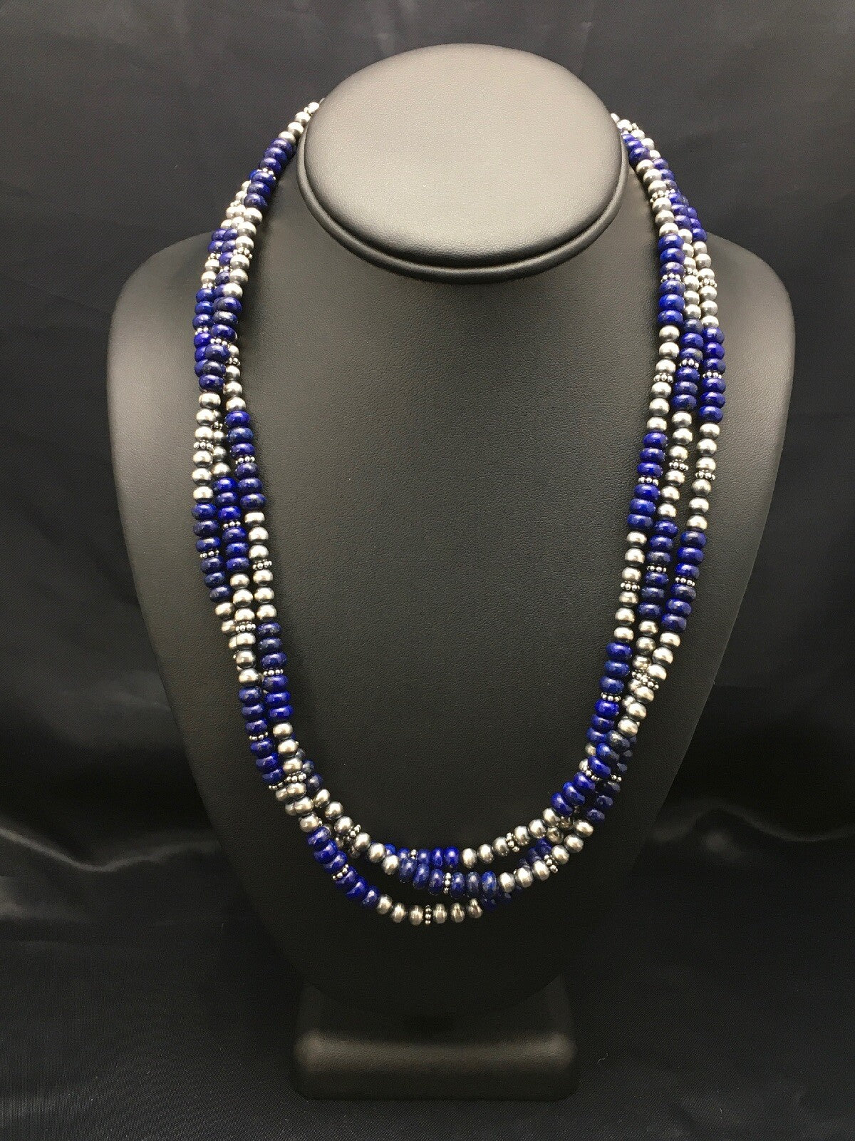 Blue Lapis Lazuli 3 Strands Navajo Sterling Silver Beads Necklace 02926