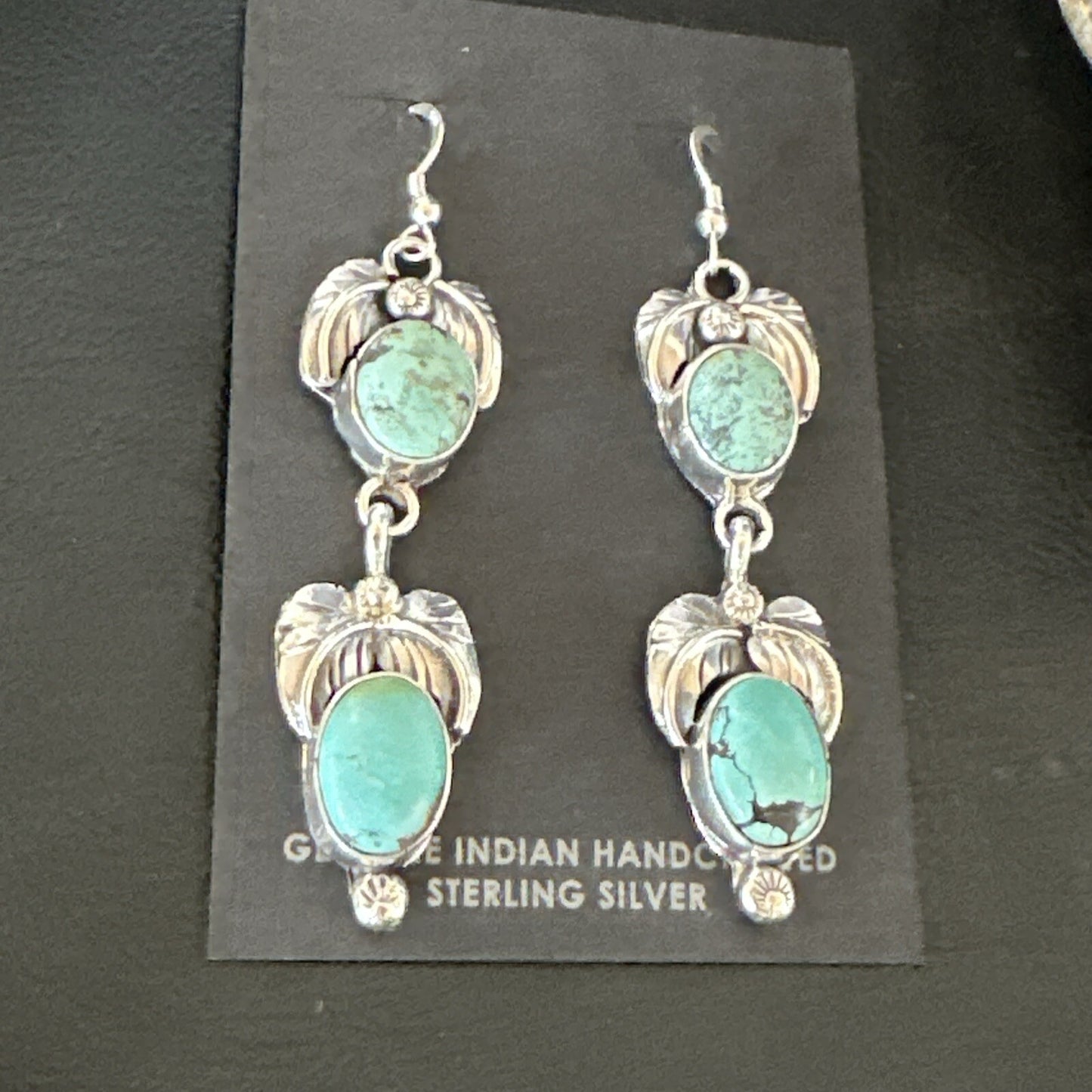 Native Navajo Green Turquoise Sterling Silver Dangle Earrings 2” 17914