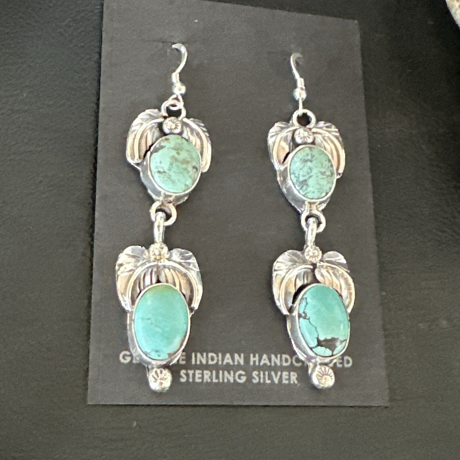 Native Navajo Green Turquoise Sterling Silver Dangle Earrings 2” 17914