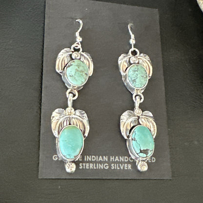 Native Navajo Green Turquoise Sterling Silver Dangle Earrings 2” 17914
