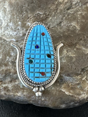 CORN INLAY Blue Turquoise MOP Spiny Zuni Pin Pendant | Sterling Silver | Authentic Native American Handmade | 17850