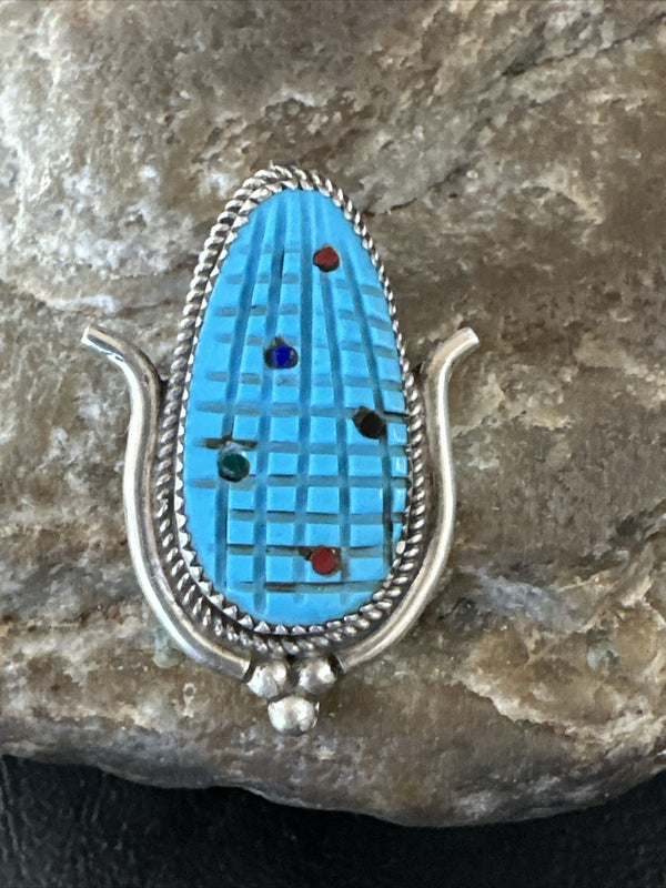 CORN INLAY Blue Turquoise MOP Spiny Zuni Pin Pendant | Sterling Silver | Authentic Native American Handmade | 17850