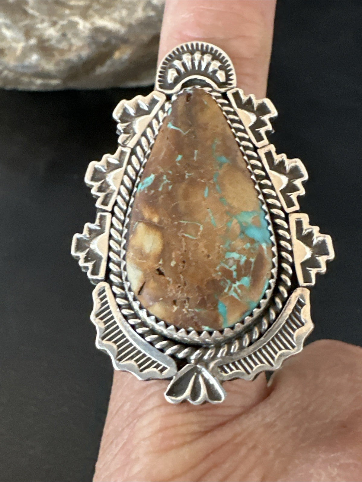 Navajo Sterling Silver Ribbon Boulder Green Turquoise Ring Size 11.5 19614
