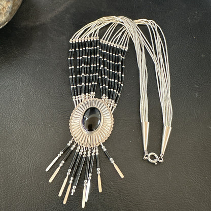 Black Onyx Liquid Silver 10S Heishi Tubes 19" Necklace Concho Pendant 17707