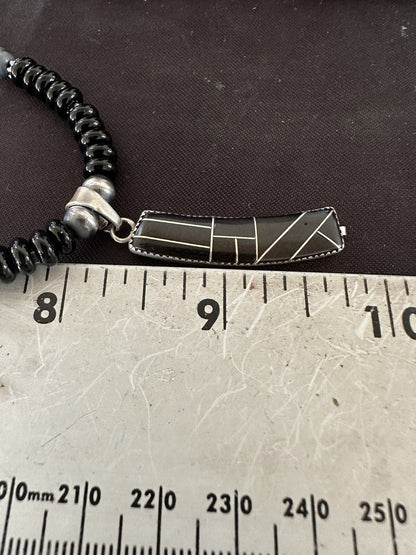 Mens Womens Black Onyx Pendant Navajo Sterling Silver Beads Necklace 18332