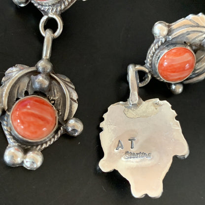 Red Spiny Oyster Southwestrn Navajo Sterling Silver Dangle Earring 02066