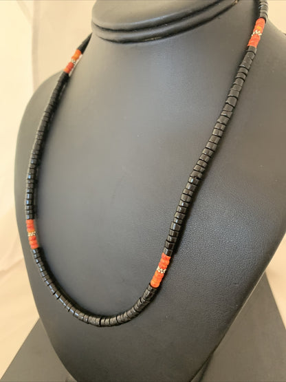 Mens Spiny Oyster Black Onyx Heishi Navajo Pearls Sterling Silver Necklace 01391