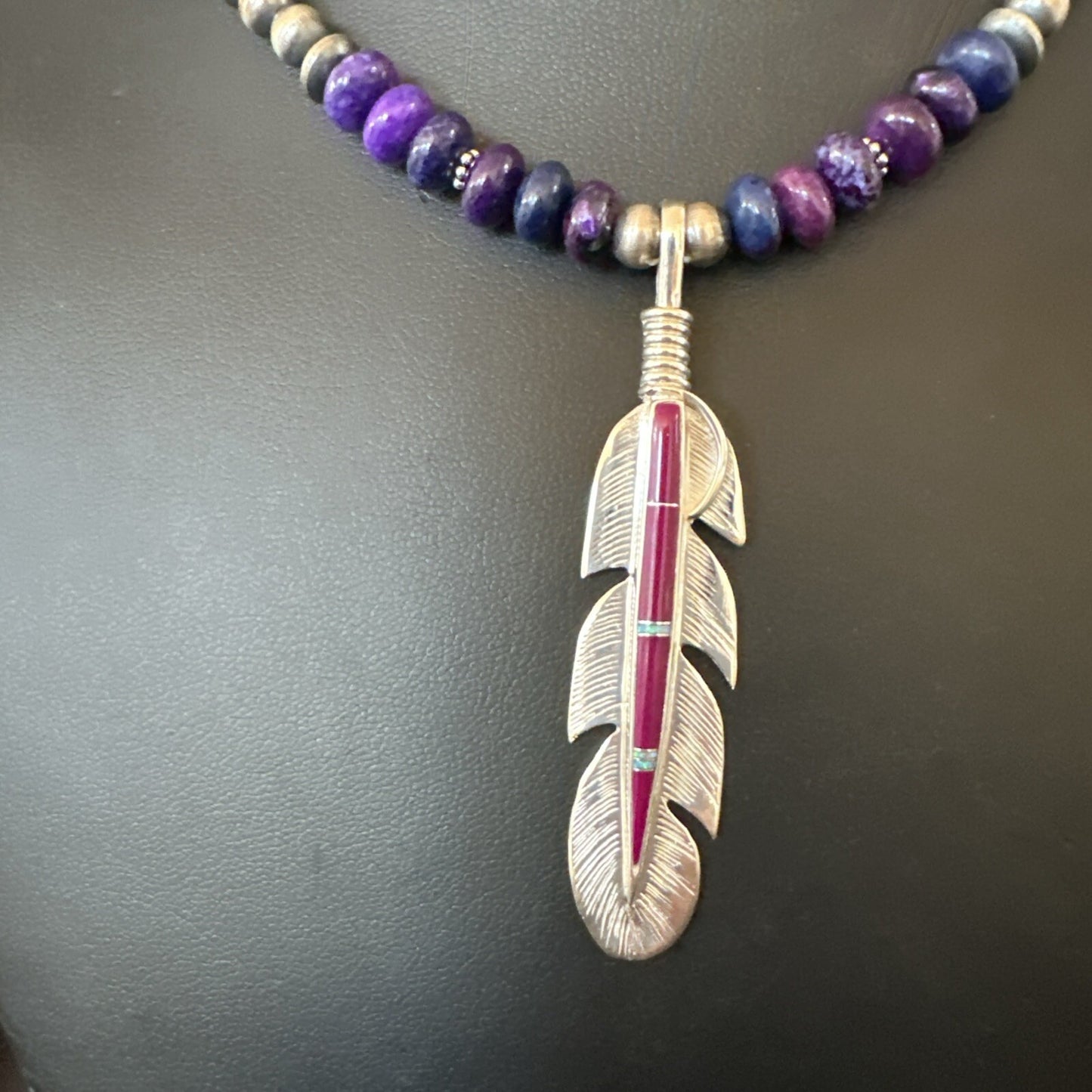 Feather Purple Stone Opal Pendant Sterling Silver Necklace 21” 18671