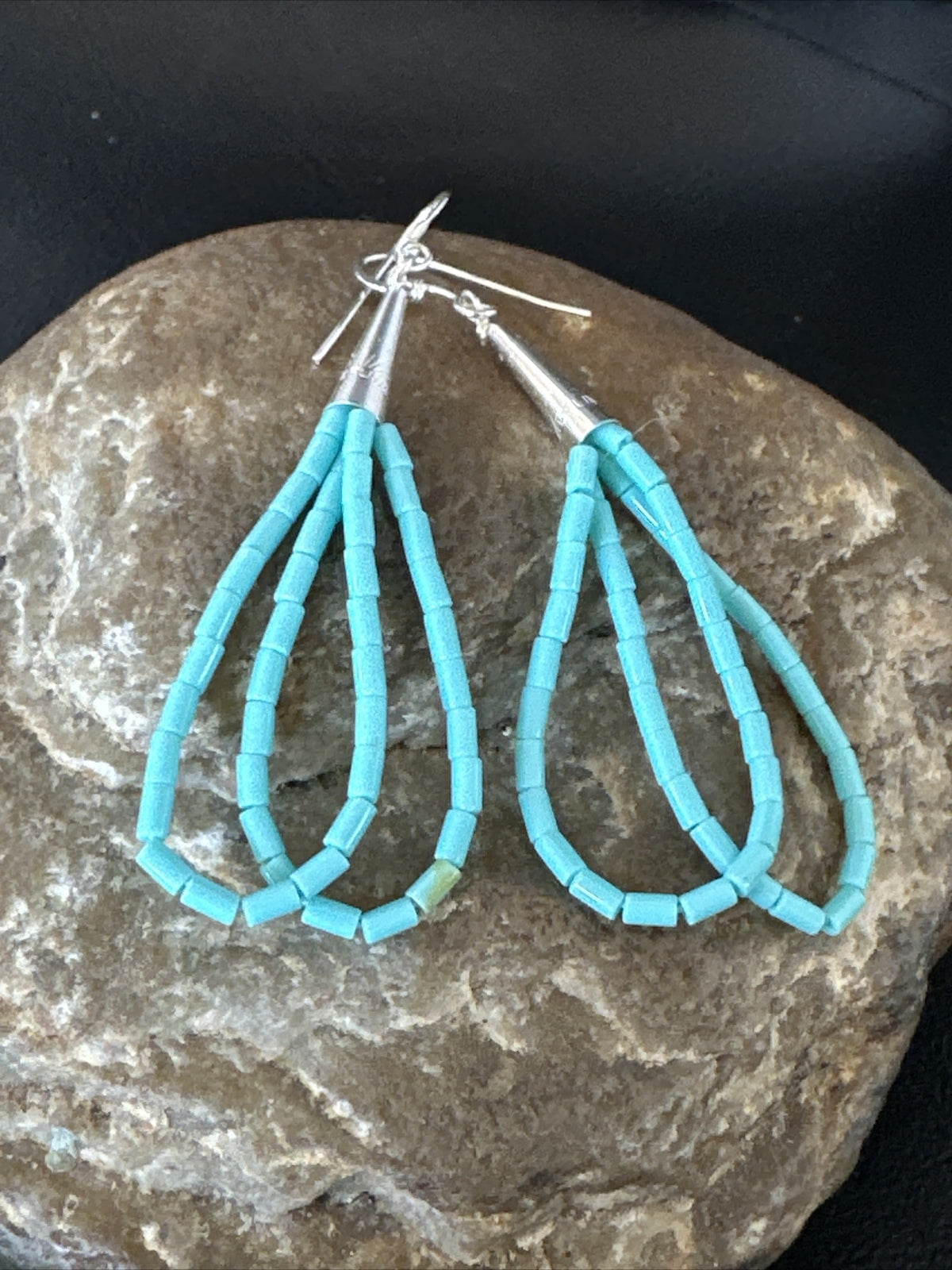 Heishi Dangle Blue Turquoise Sterling Earrings 2” 17955