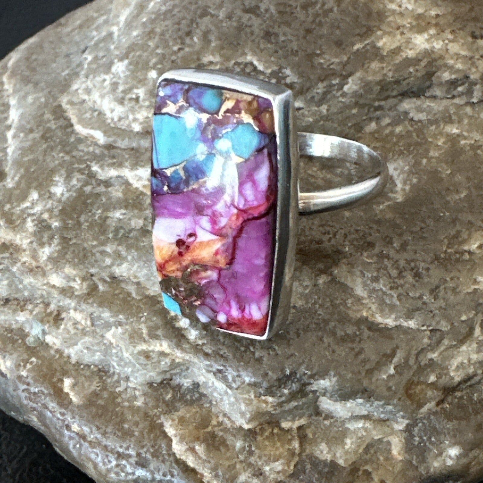 Blue Turquoise Spiny Oyster Southwestern Sterling Silver Ring Size 11 18453