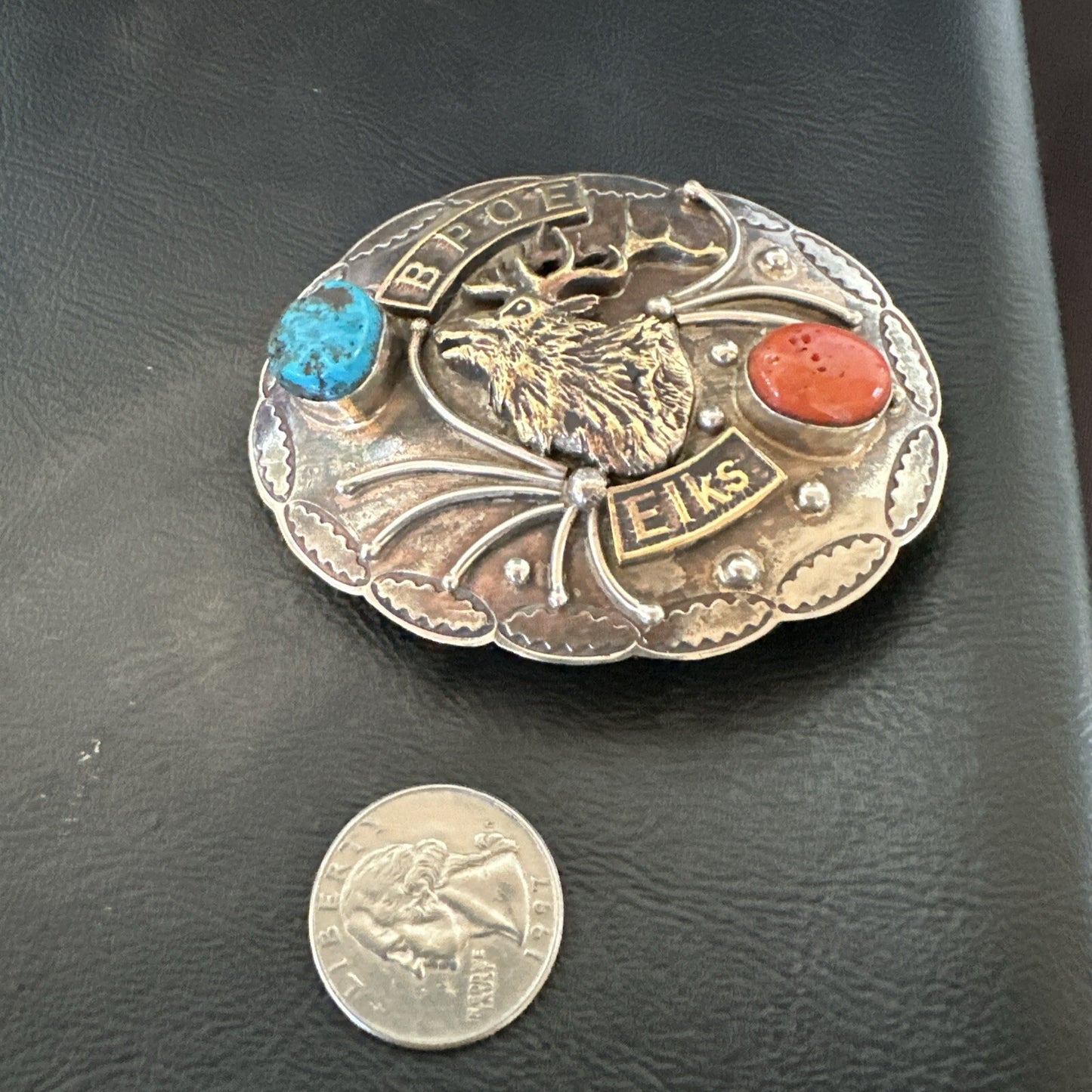 Elk Blue Turquoise Coral Navajo Sterling Silver Concho Belt Buckle 17972