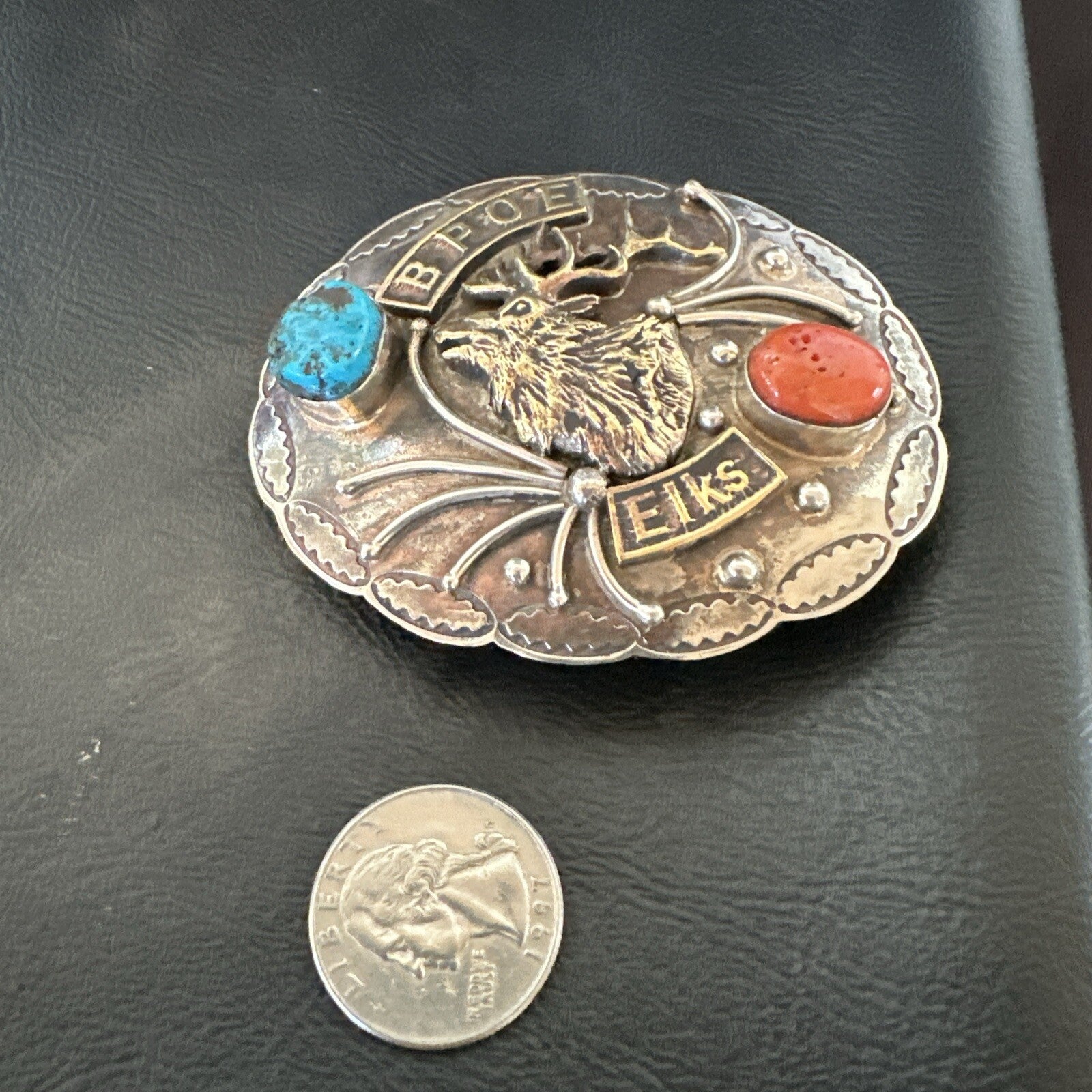 Elk Blue Turquoise Coral Navajo Sterling Silver Concho Belt Buckle 17972