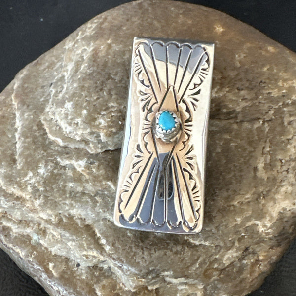 Men's Blue Turquoise Navajo Credit Car Golden Stamped Silver Money Clip | Authentic Native American Handmade | 19734