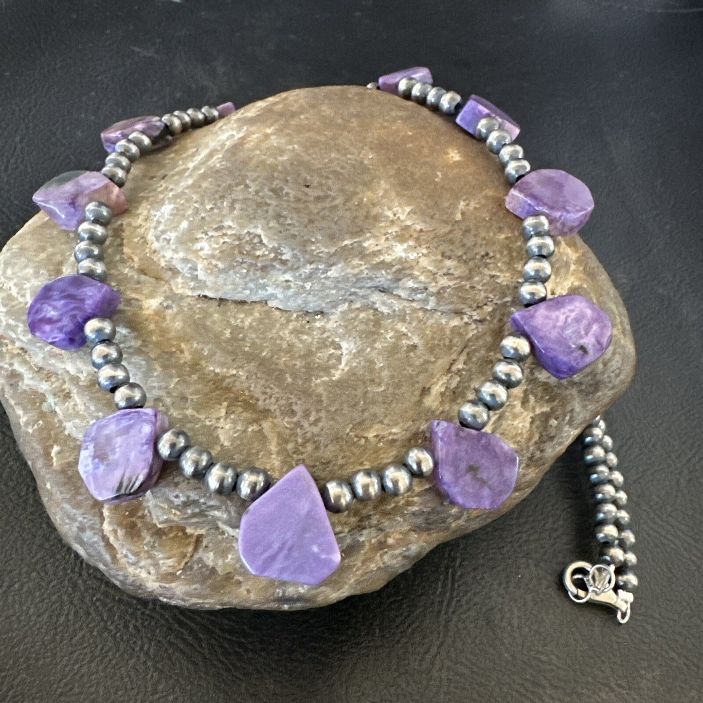 Purple Charoite Teardrop Navajo Pearls Sterling Silver Necklace 20" 17933