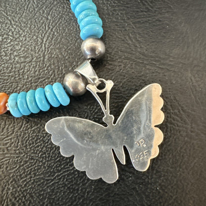 Butterfly Multicolor Turquoise Pendant Navajo Sterling Silver Necklace 19652