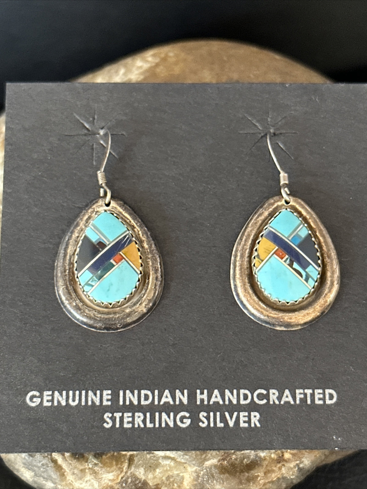 MultiColor Navajo Turquoise Spiny Oyster Inlay Sterling Silver Earrings 1" 14764