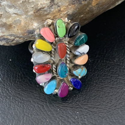 Onyx Lapis Turquoise & Gaspiete Navajo Sterling Silver Inlay Ring Size 8 11960