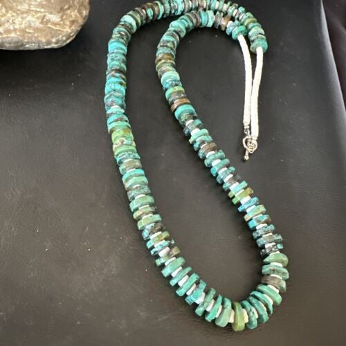 Native Navajo Turquoise Shell Heishi Bead Necklace Sterling 32" 15529