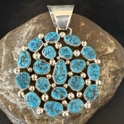 Cluster Kingman Turquoise Navajo Necklace Pendant 2.75" | Sterling Silver | Authentic Native American Handmade | 19082