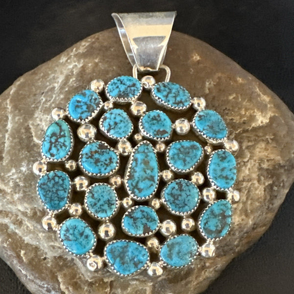 Cluster Kingman Turquoise Navajo Necklace Pendant 2.75" | Sterling Silver | Authentic Native American Handmade | 19082