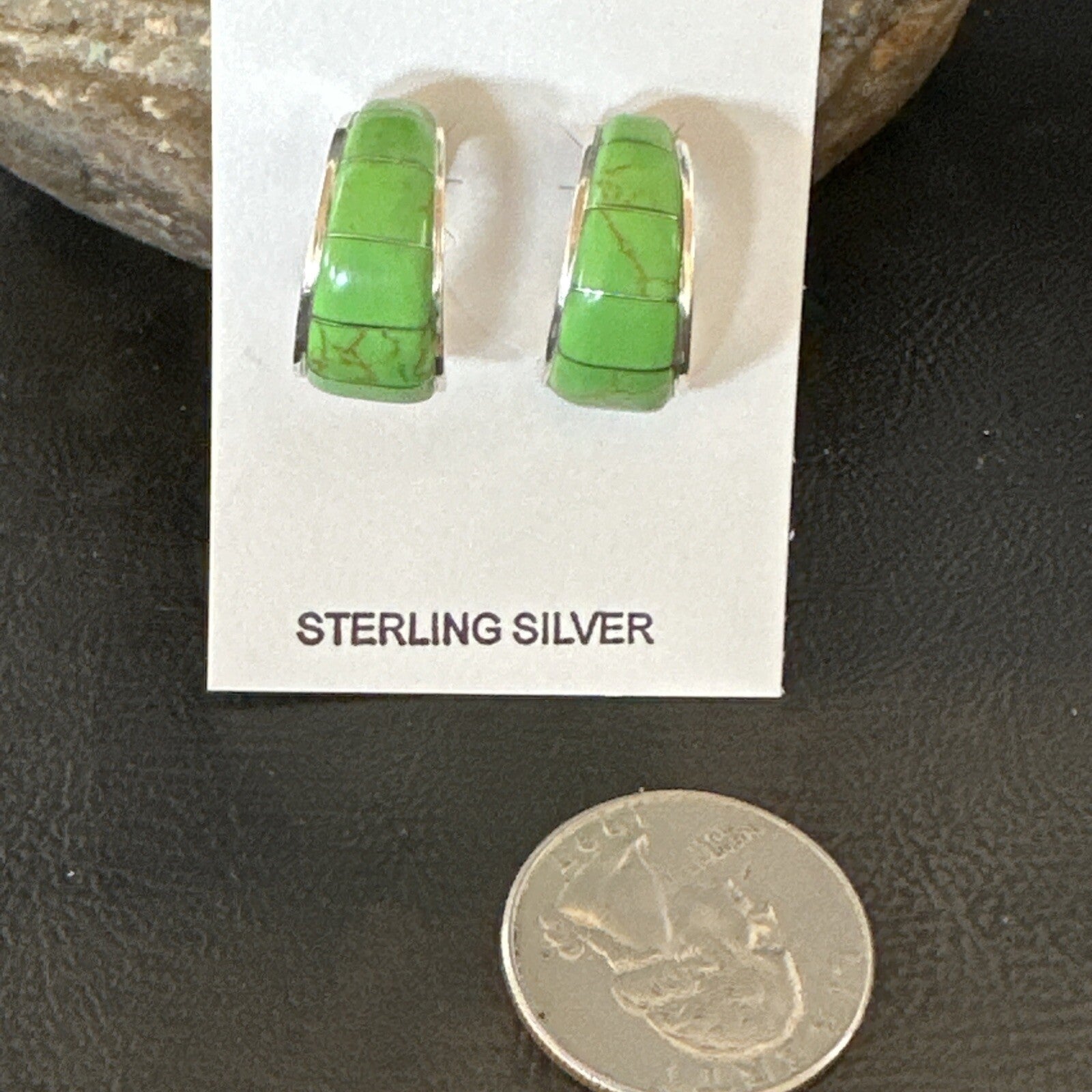 Southwestern Sterling Silver Green Gaspiete Inlay Earrings 1” 19266