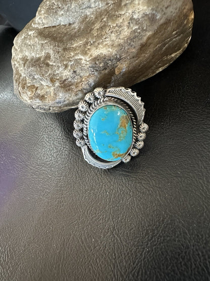 Mens Blue Kingman Turquoise Navajo Sterling Silver Adjustable Ring Size 9 19417