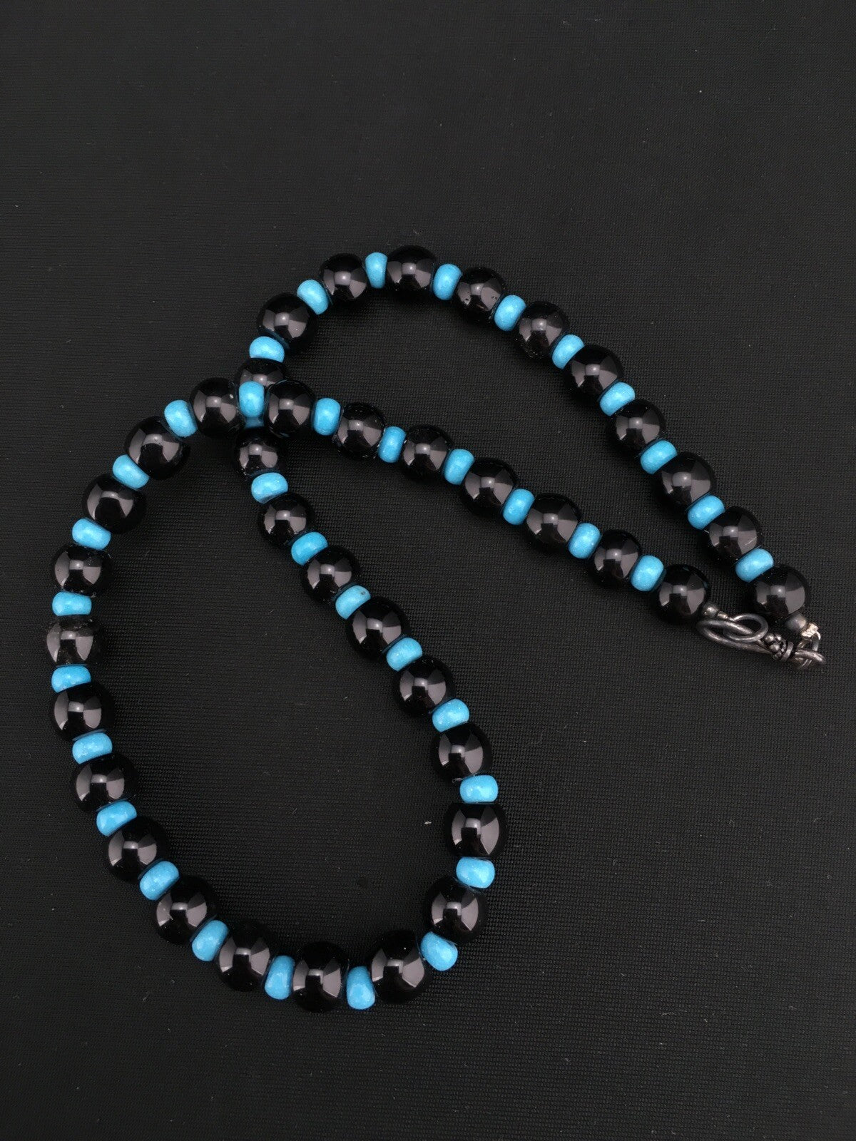 Native Black Onyx Blue Turquoise Bead Navajo Sterling Silver Necklace 15229