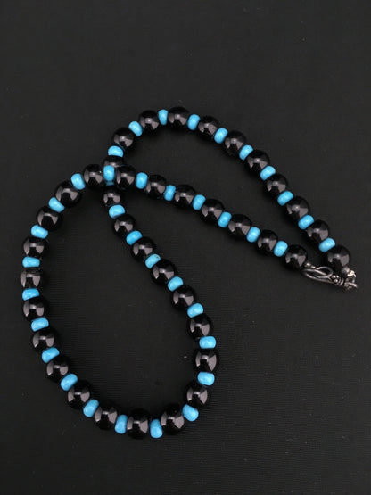 Native Black Onyx Blue Turquoise Bead Navajo Sterling Silver Necklace 15229