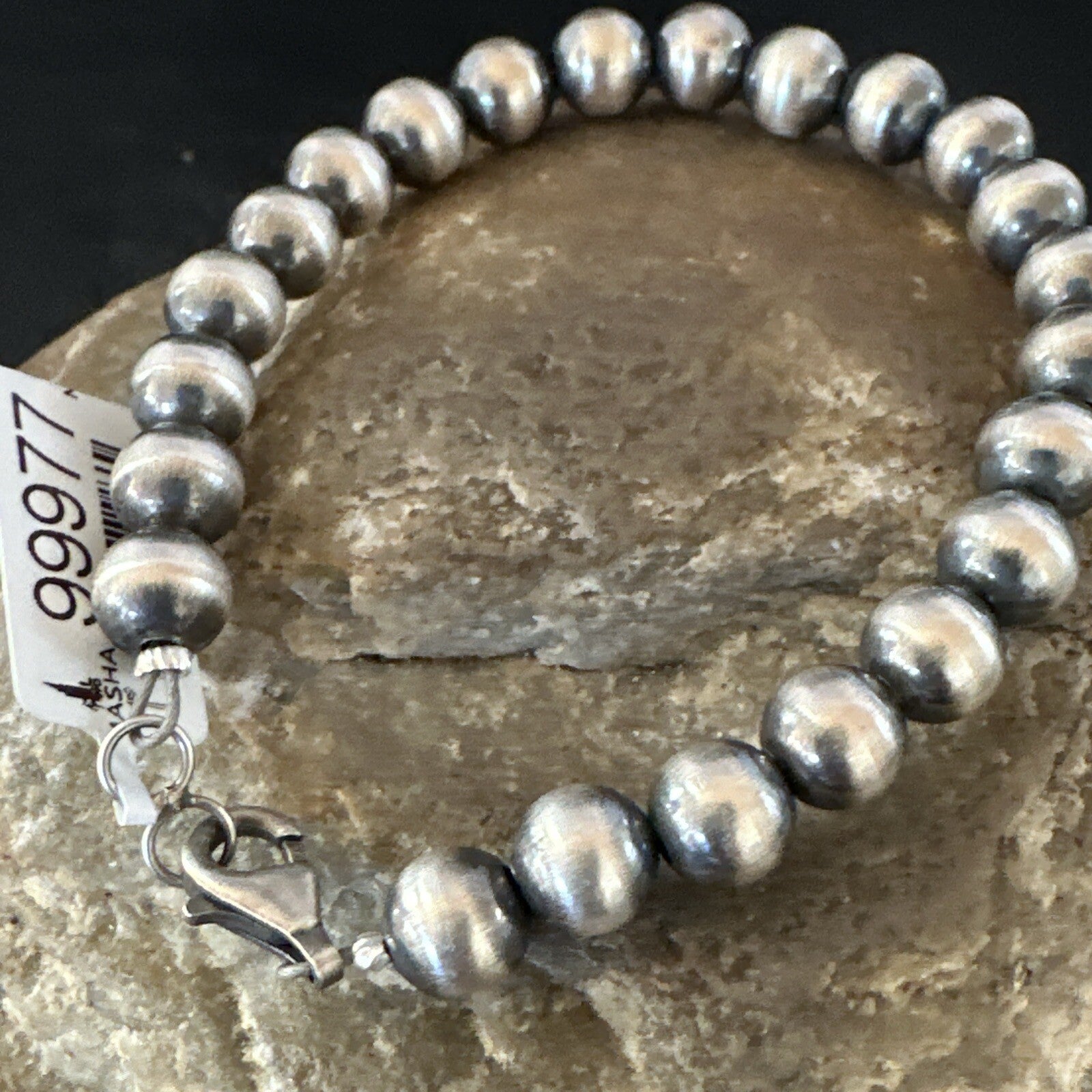 Native American Navajo 7mm Beads 7” Sterling Silver Bracelet 99977