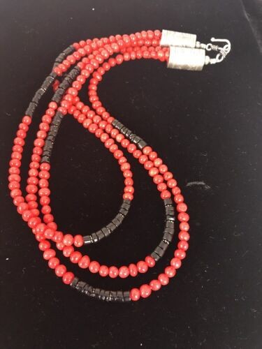 Navajo Coral Necklace Pendant Sterling Silver 20" 3 Strand 8006