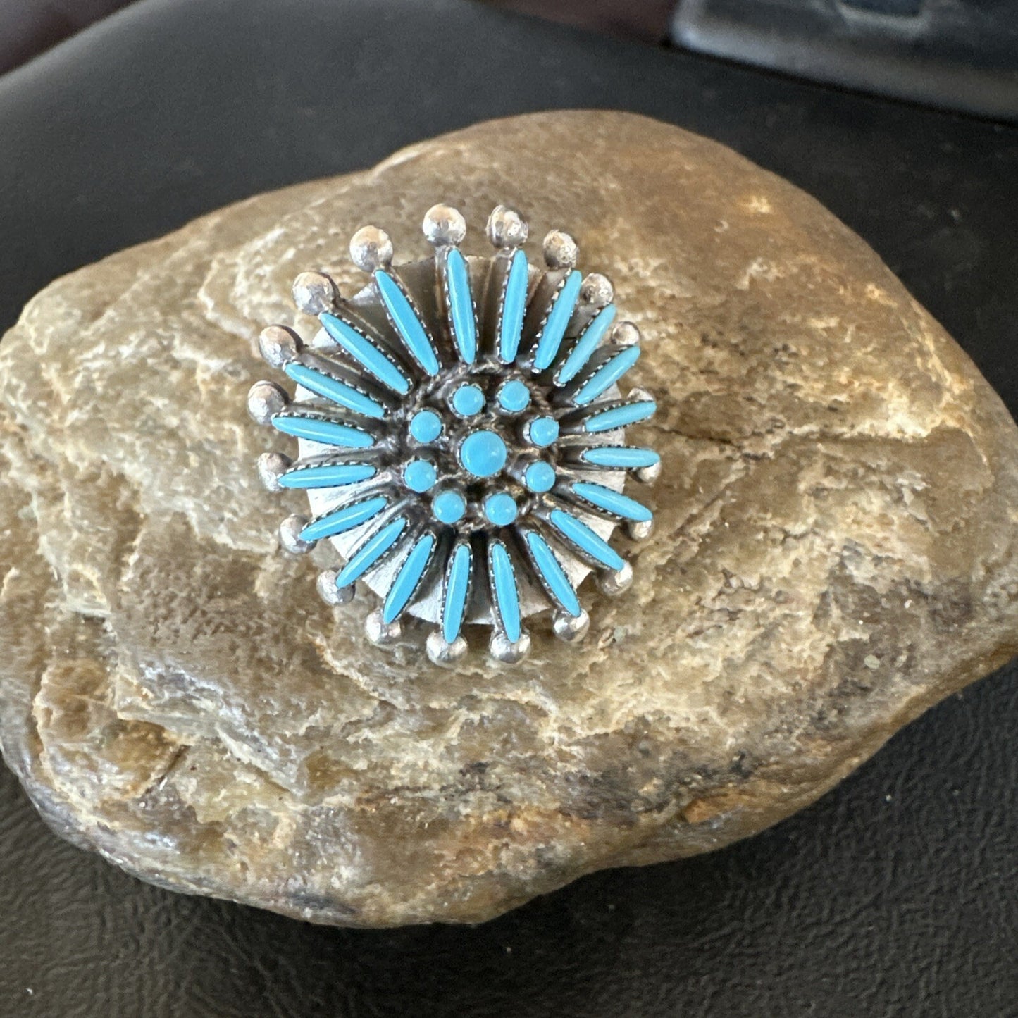 Blue Turquoise Zuni Sterling Silver Needle Point Cluster Ring Size 8 17843